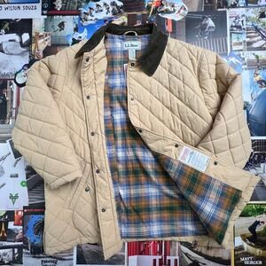 LL Bean Mens Quilted Barn Jacket Tan Beige Plaid Flannel Lined Thermore OHJ05